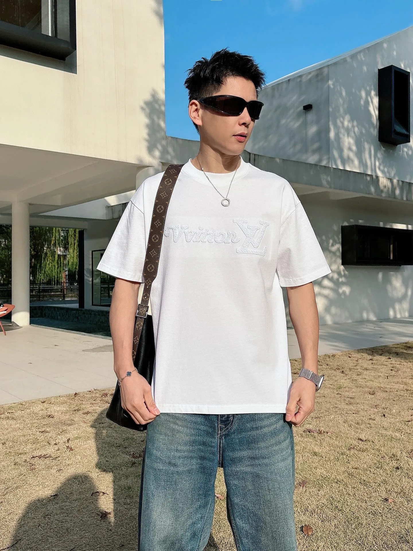 Louis Vuitton/Louis Vuitton 26ss woven letter embroidered short sleeves